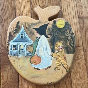 Vintage Hand painted Halloween Decoration Witch Trick or Treat 1990 Pumpkin wood